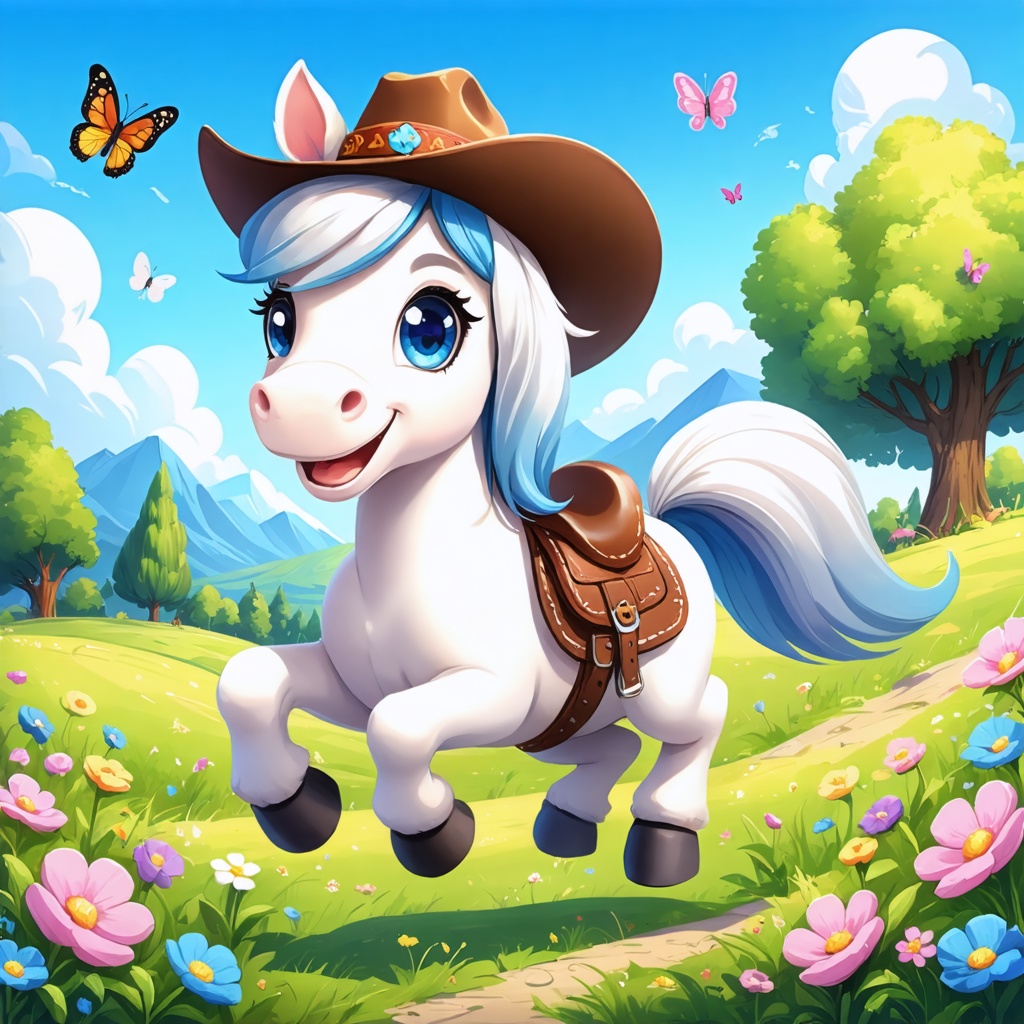 A cheerful cartoon horse character with big, friendly eyes and a flowing mane, wearing a colorful saddle and a cowboy hat. The horse is galloping playfully in a vibrant meadow filled with flowers and butterflies, with a bright blue sky in the background. The overall feel is fun and whimsical, perfect for a children's animation
