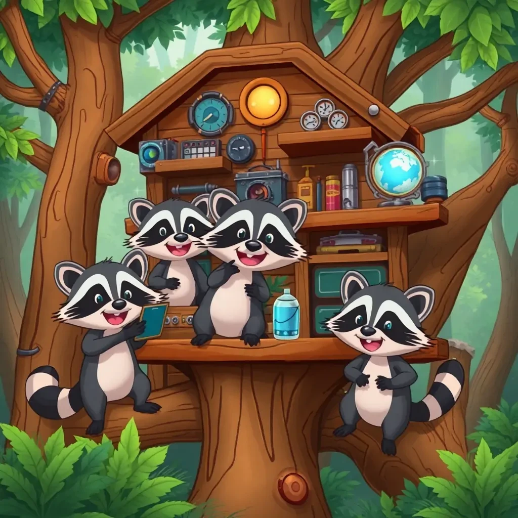 A group of adventurous raccoons in a treehouse filled with gadgets, cartoon style, rich forest background