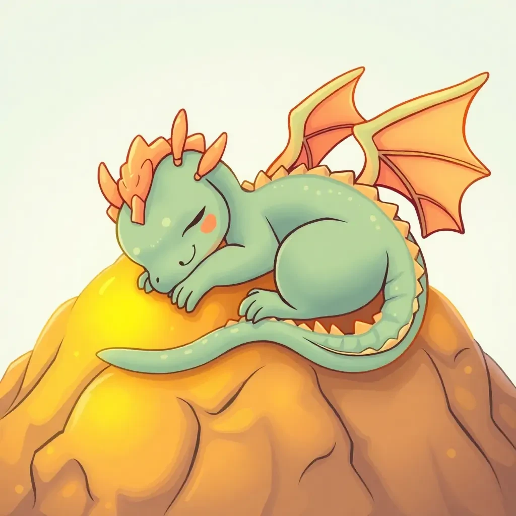 A sleepy cartoon dragon curled up on a mountain of gold, cute and chubby style, soft colors, storybook illustration