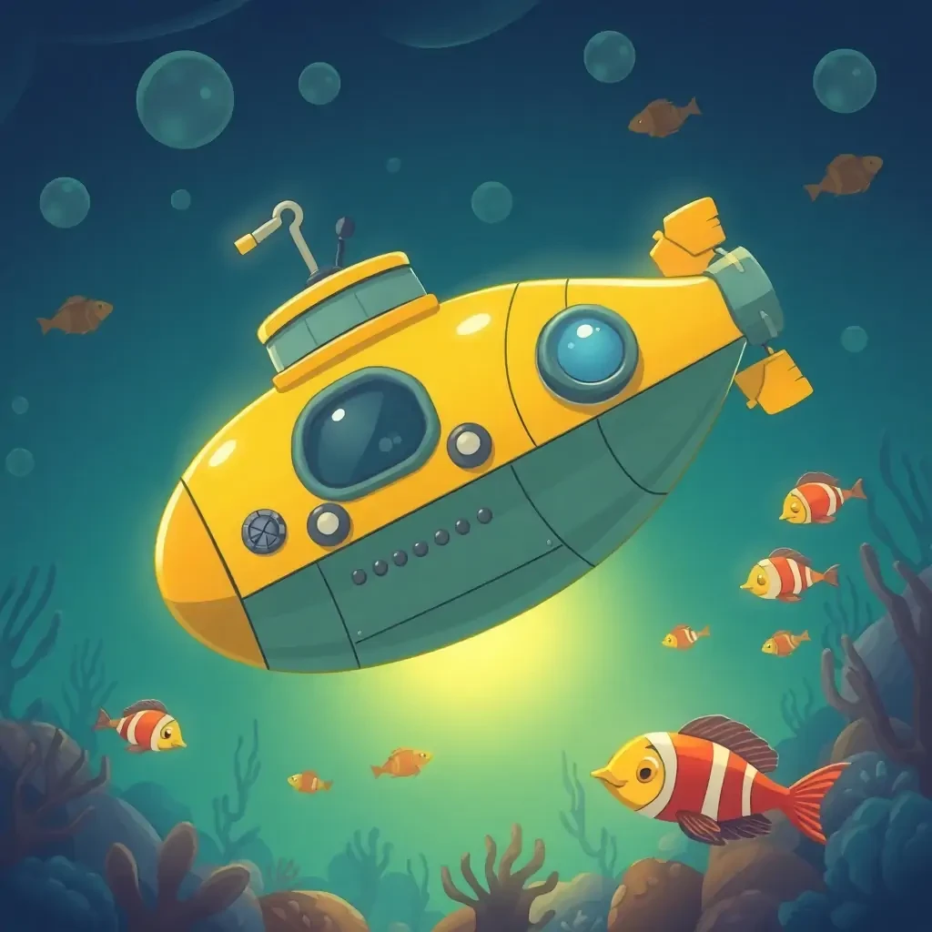 A clunky cartoon submarine exploring the ocean floor with blinking lights and friendly fish, undersea adventure theme