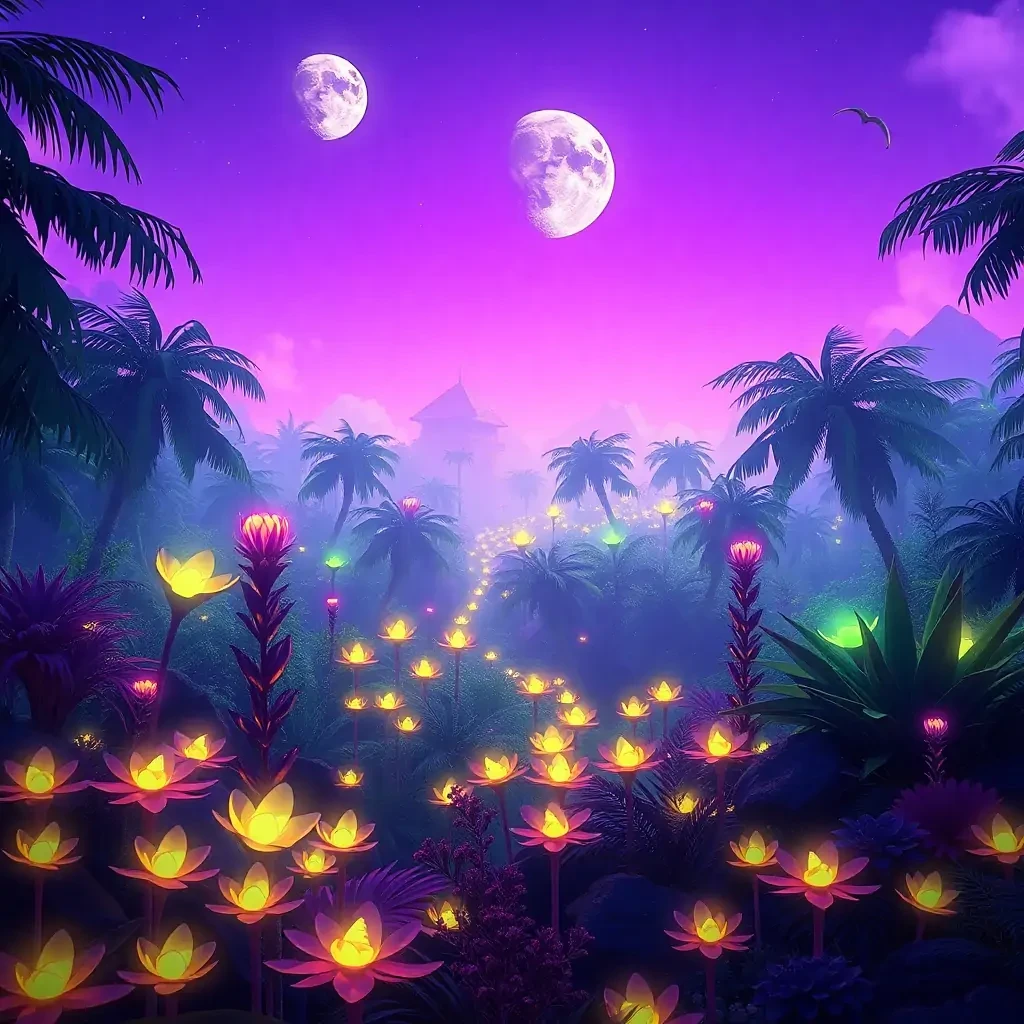 An alien jungle glowing with bioluminescent plants, under a violet sky with twin moons, ultra-detailed, 8K resolution