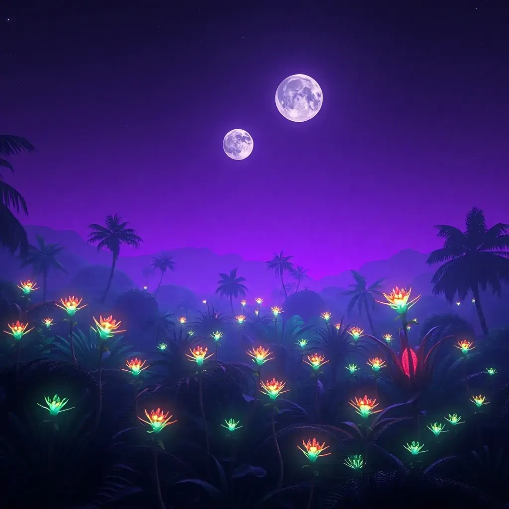 An alien jungle glowing with bioluminescent plants, under a violet sky with twin moons, ultra-detailed, 8K resolution
