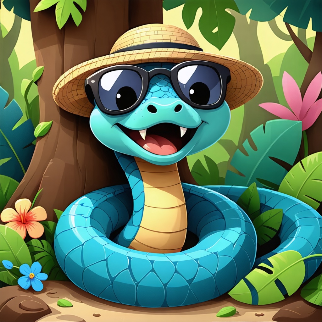 A friendly cartoon cobra character with large, expressive eyes and a playful grin. The cobra is standing upright, wearing a small hat and sunglasses, coiled around a vibrant jungle tree. The background is filled with colorful tropical foliage and flowers, creating a cheerful and fun atmosphere.