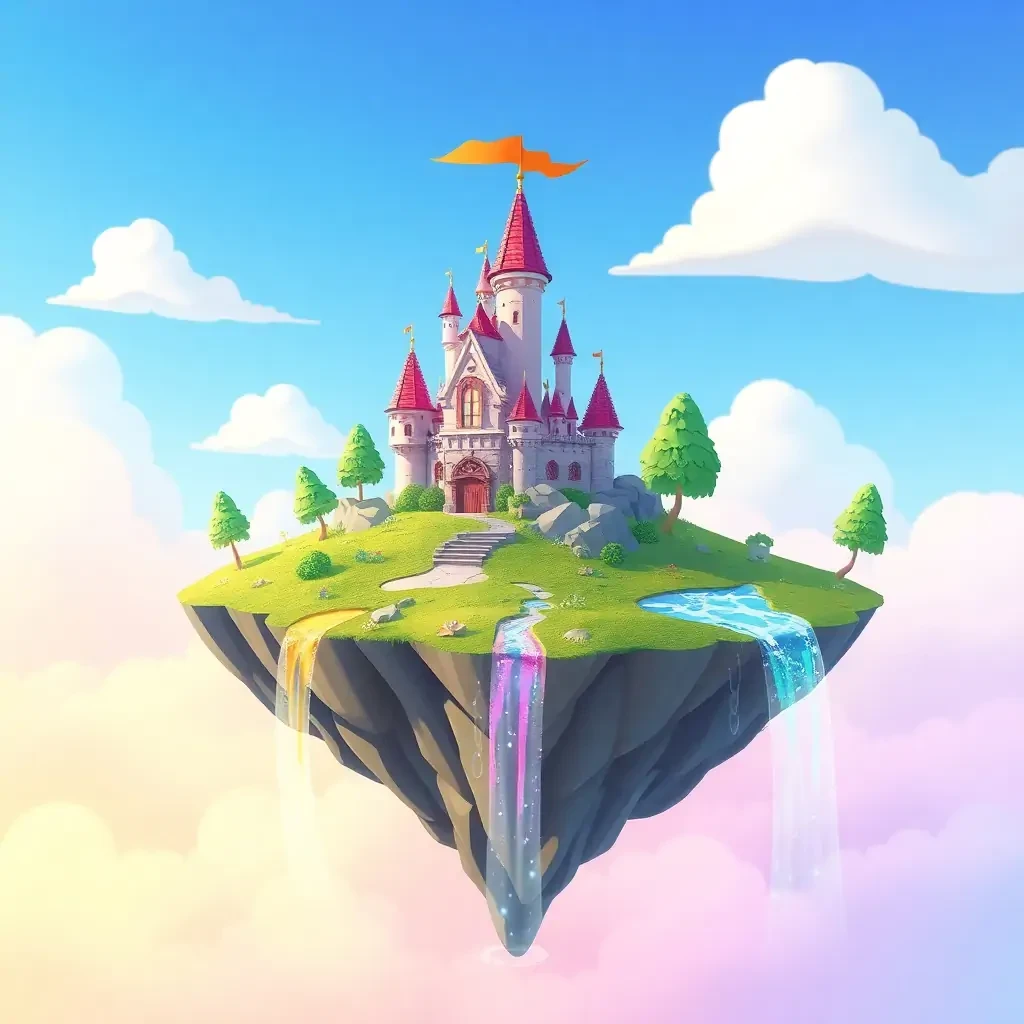 A magical floating island with a tiny cartoon castle and rainbow waterfalls, sunny skies, whimsical feel