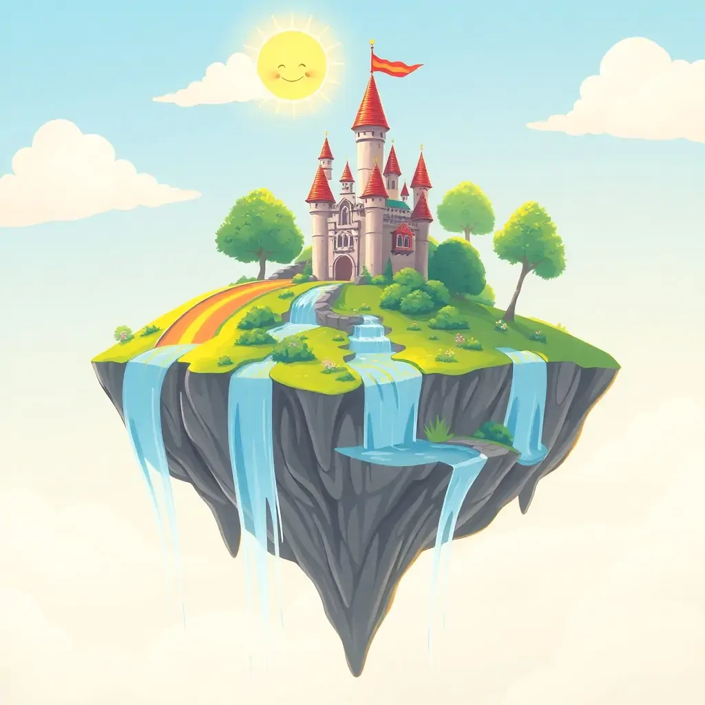 A magical floating island with a tiny cartoon castle and rainbow waterfalls, sunny skies, whimsical feel
