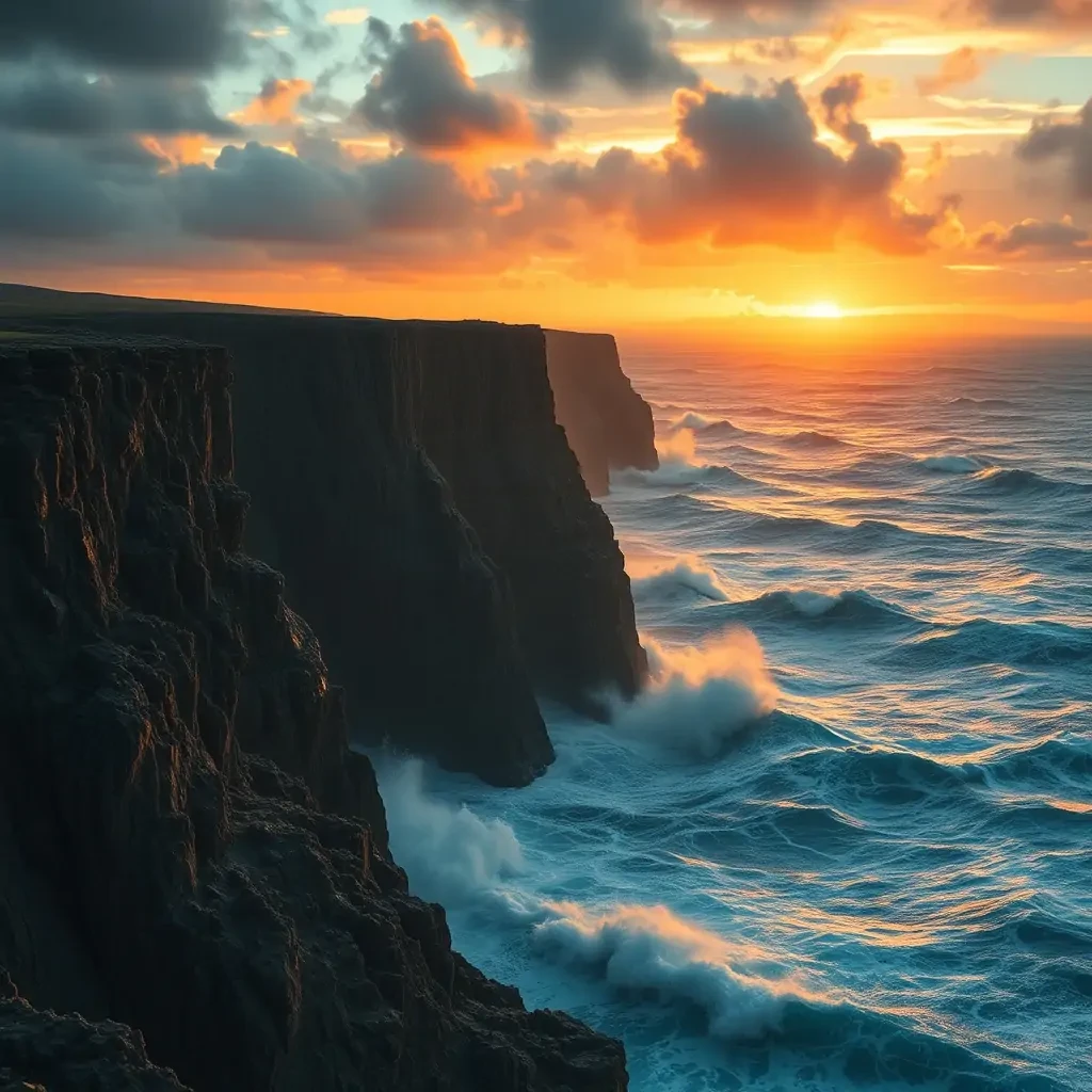 A stormy ocean crashing against jagged cliffs at sunset, hyper-realistic, dramatic lighting