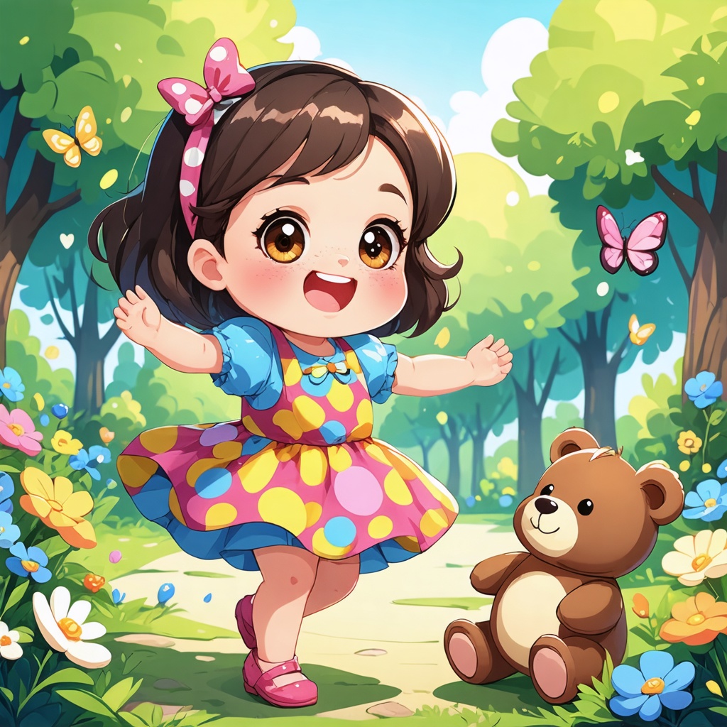 A cheerful cartoon little girl with big, expressive eyes and a playful smile, wearing a colorful dress with polka dots and a matching headband. She is joyfully playing with a teddy bear in a bright, sunny park filled with flowers and butterflies. The scene is lively and fun, perfect for a children's animation.