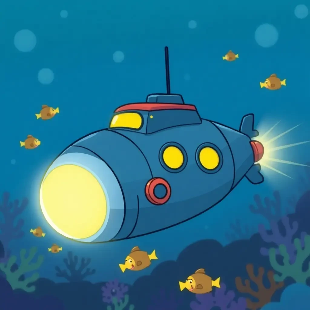 A clunky cartoon submarine exploring the ocean floor with blinking lights and friendly fish, undersea adventure theme