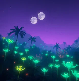 An alien jungle glowing with bioluminescent plants, under a violet sky with twin moons, ultra-detailed, 8K resolution
