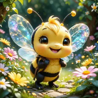 A cheerful cartoon bee character with large, round eyes and a big smile, wearing a tiny backpack. The bee is buzzing playfully among colorful flowers in a bright and sunny garden. Its wings are semi-transparent, shimmering in the sunlight, giving a fun and lively appearance.