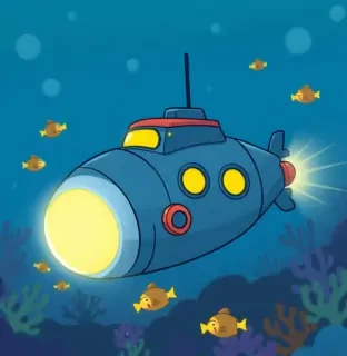 A clunky cartoon submarine exploring the ocean floor with blinking lights and friendly fish, undersea adventure theme