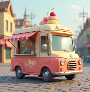 A cartoon-style ice cream truck with exaggerated curves and colors, parked on a cobblestone street, highly detailed 3D rendering