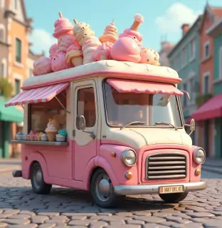 A cartoon-style ice cream truck with exaggerated curves and colors, parked on a cobblestone street, highly detailed 3D rendering