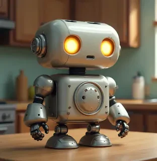 A robot shaped like a toaster, with glowing eyes and smooth metallic surfaces, in a cartoon kitchen, hyper-realistic shading