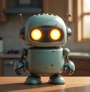 A robot shaped like a toaster, with glowing eyes and smooth metallic surfaces, in a cartoon kitchen, hyper-realistic shading