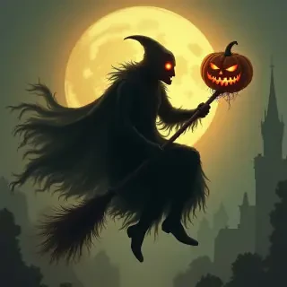 A sinister pumpkin character, flying on his witches broom, dark fantasy art by greg rutkowski, creepy, halloween